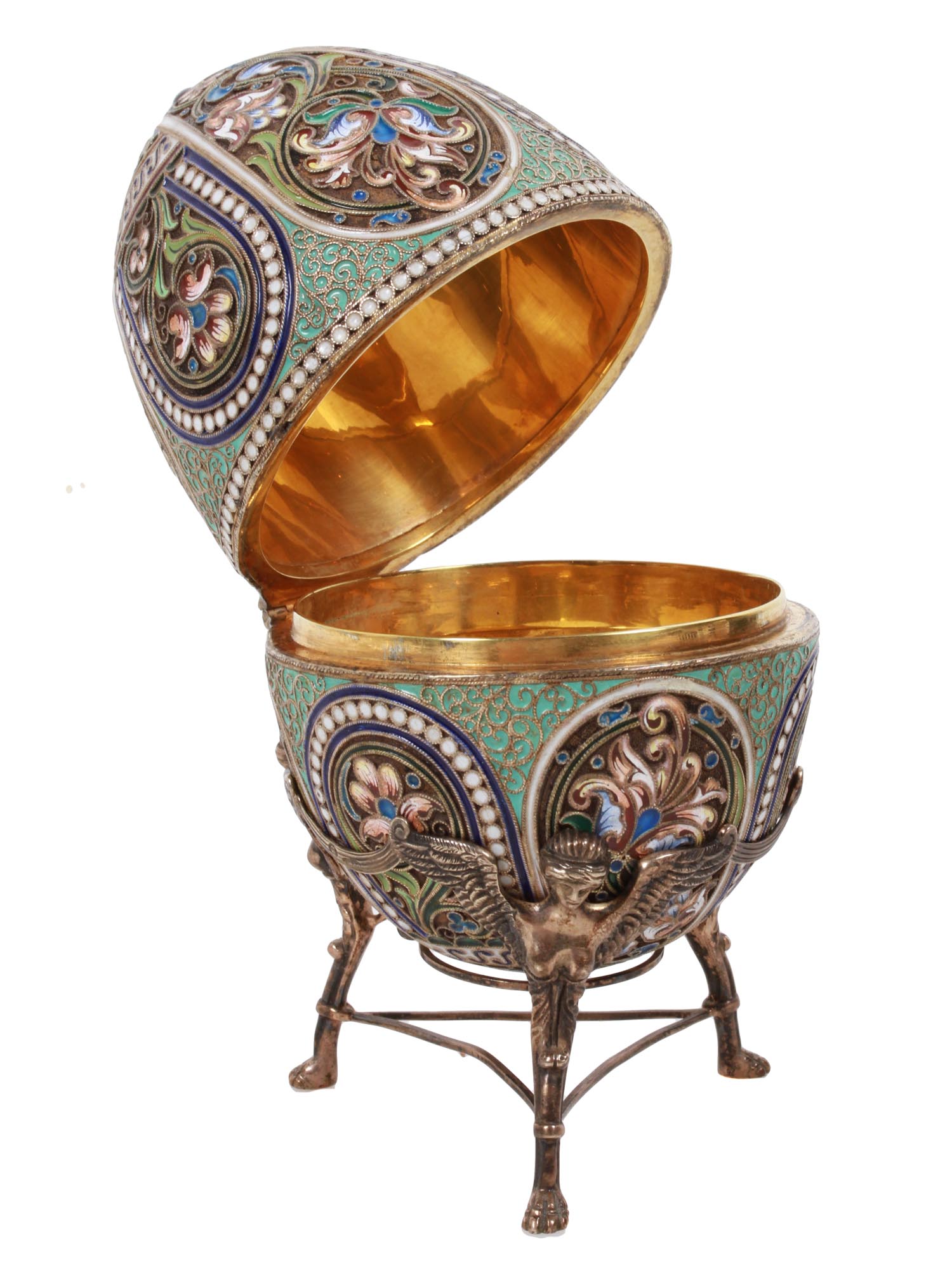 RUSSIAN GILT SILVER ENAMLED EASTER EGG WITH STAND PIC-4